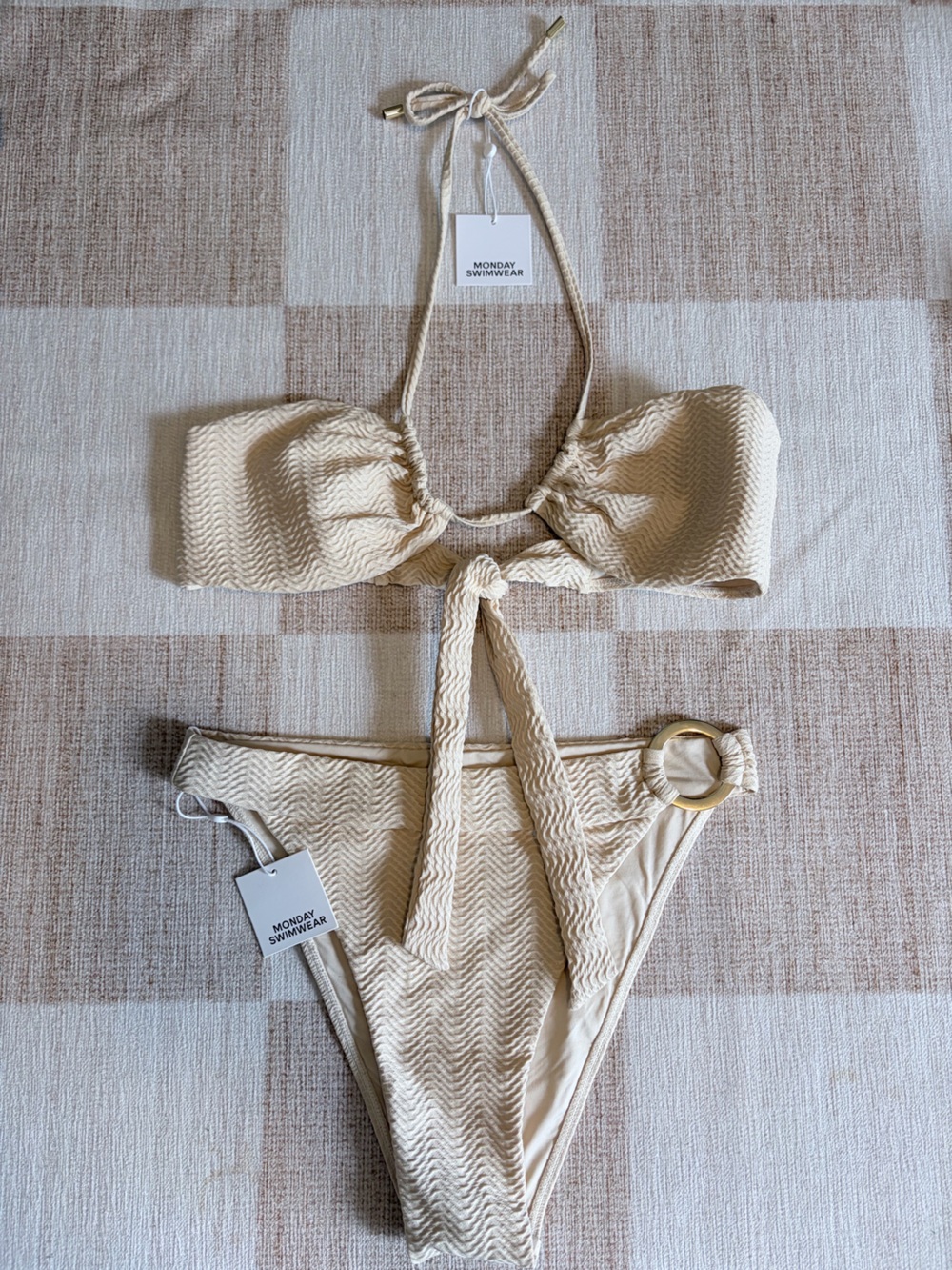 Monday Swim Halter Textured Cream Bikini Set